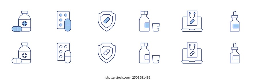 Pharmacy icon set in two styles, Duotone and Thin Line style. Editable stroke. syrup, buy online, medicine, drug, dropper, shield.