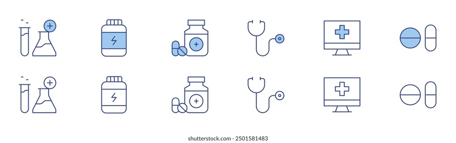 Pharmacy icon set in two styles, Duotone and Thin Line style. Editable stroke. stethoscope, pharmacy, vitamin, online pharmacy, medicines, pills.