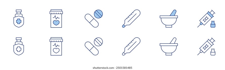 Pharmacy icon set in two styles, Duotone and Thin Line style. Editable stroke. protection, thermometer, pill, medicine, mortar, stem cells.