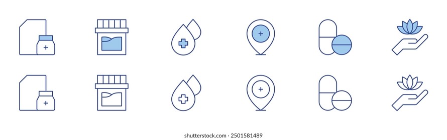 Pharmacy icon set in two styles, Duotone and Thin Line style. Editable stroke. prescription, medication, pharmacy, serum, medicines, alternative medicine.