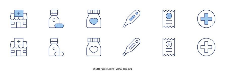 Icono de farmacia establecido en dos estilos, Duotone y estilo de línea fina. Accidente cerebrovascular editable. farmacia, prueba de embarazo, vitamina C, pico, tarro.