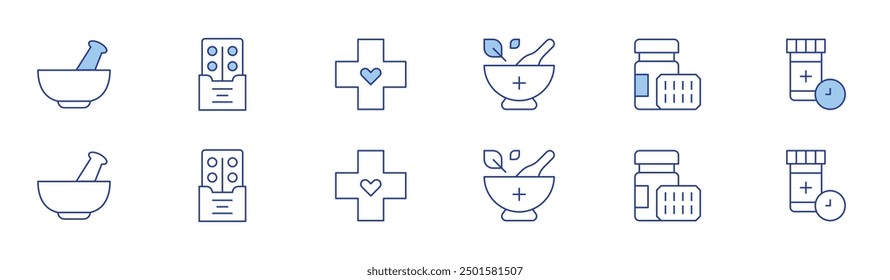 Pharmacy icon set in two styles, Duotone and Thin Line style. Editable stroke. mortar, tablet, pill, medicine, cross.