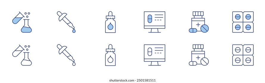 Icono de farmacia establecido en dos estilos, Duotone y estilo de línea fina. Accidente cerebrovascular editable. mezcla, gotas para los ojos, farmacia en línea, píldoras, gotas para los ojos.