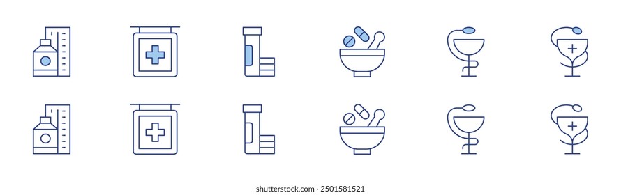 Pharmacy icon set in two styles, Duotone and Thin Line style. Editable stroke. mortar, hygeia, pills, signpost, effervescent.
