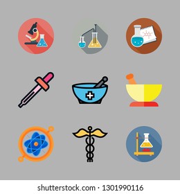 pharmacy icon set. vector set about droppers, mortar, flasks and science icons set.