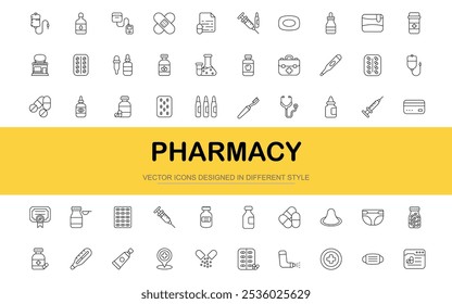Conjunto de iconos de farmacia. Ilustración vectorial en estilo de línea delgada moderna de iconos relacionados con gráficos por computadora.