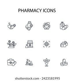 Juego de iconos de farmacia.vector.Acto editable.Signo de estilo lineal para uso de diseño web,logo.Ilustración de símbolo.