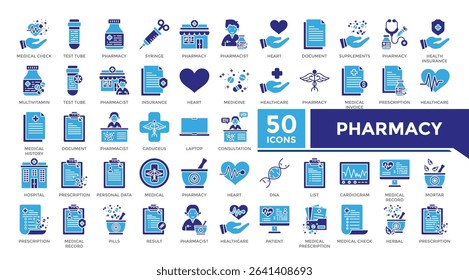 Pharmacy icon solid two color set collection. This set includes prescription, report, result, cardiology, dna, consultant, lab and more icons in 
solid style. Vector icons collection for websites