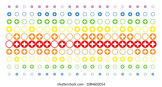 Pharmacy icon spectral halftone pattern. Vector pictograms arranged into halftone matrix with vertical spectral gradient. Designed for backgrounds, covers, templates and abstract compositions.