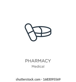 Pharmacy icon. Thin linear pharmacy outline icon isolated on white background from medical collection. Line vector sign, symbol for web and mobile