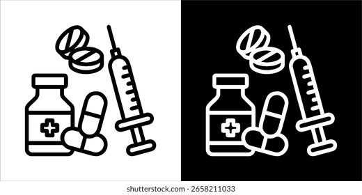 El Vector de ícono de farmacia es una ilustración mínima que simboliza una farmacia, a menudo representada con una cruz, mortero y mortero o una botella de píldora. Transmite los servicios de salud y medicina de manera clara y sencilla.