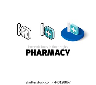 Pharmacy icon, vector symbol in flat, outline and isometric style