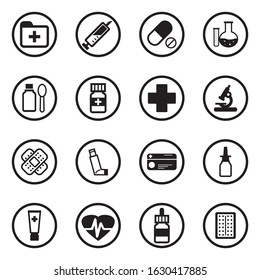 Pharmacy Icons. Black Flat Design In Circle. Vector Illustration.