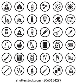 Iconos de farmacia. Diseño Plano Negro En Círculo. Ilustración vectorial.