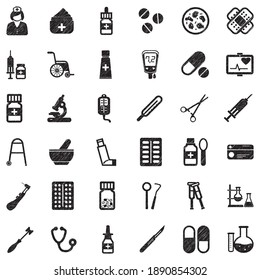 Pharmacy Icons. Black Scribble Design. Vector Illustration.