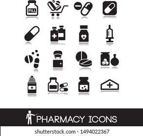 Pharmacy icons in black style contains: pills, medicines, medical cross, syringes, medical laboratory elements.