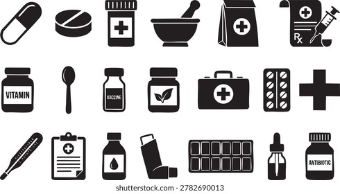 Pharmacy icons collection featuring pills, bottles, mortar, pestle, prescription, vaccine, and other medical supplies.