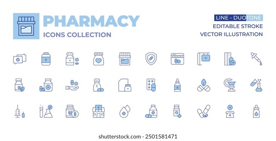 Apotheke Icons Sammlung. Linienduotonstil, bearbeitbarer Strich. Rezept, Serum, Apotheke, Ergänzung, Medizin, Medikament, Pillen, Vitamin C, Insulin, Kräuter, Medikamente.