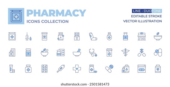 Pharmacy icons collection. Line Duotone style, editable stroke. medicine, mortar, pills, pill, stethoscope, antidepressant, cross, pregnancy test, effervescent, drugs.