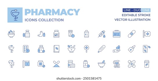 Apotheke Icons Sammlung. Linienduotonstil, bearbeitbarer Strich. hygeia, Apotheke, Mörser, Thermometer, Pillen, Pille, Buch, Vitamine, Verband, Gesundheit, Medizin, Nasenspray.