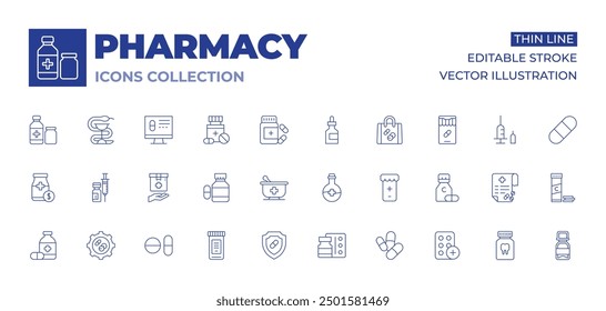 Pharmacy icons collection. Thin Line icons, editable stroke. medicine, price, shield, mortar, pill, development, injection, flask, antidepressant, pills, medicine box.