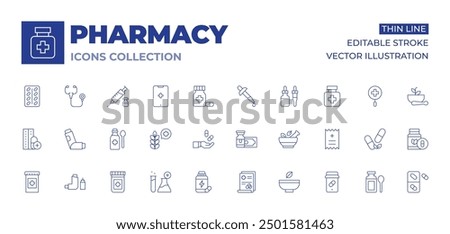 Pharmacy icons collection. Thin Line icons, editable stroke. pills, pill, herbal, pharmacy, inhaler, syrup, drugs, supplement, money, medical prescription, mortar.