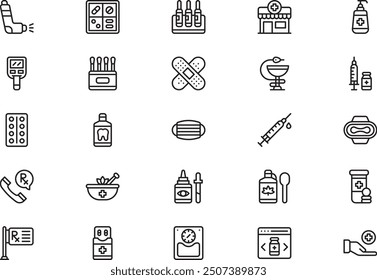 Pharmacy icons collection is a vector illustration with editable stroke.