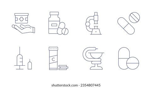 Pharmacy icons. Editable stroke. Containing delivery, medicine, microscope, insulin, vitamin c, pharmacy, medicines.