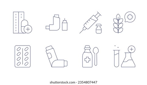 Pharmacy icons. Editable stroke. Containing pills, inhaler, vaccine, herbal, syrup, pharmacy.