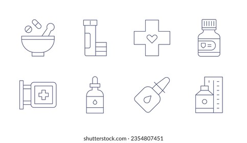 Iconos de farmacia. Trazo editable. Con mortero, efervescente, cruz, medicina, señalización, cuentagotas, pulverización nasal, píldoras.