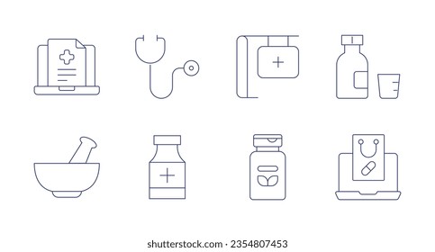 Pharmacy icons. Editable stroke. Containing online pharmacy, stethoscope, pharmacy, syrup, mortar, medicine, supplement, buy online.