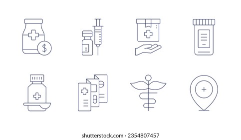 Pharmacy icons. Editable stroke. Containing price, injection, medicine box, medicine, syrup, leaflet, pharmacy.