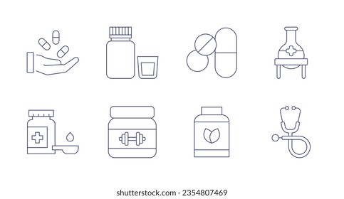 Pharmacy icons. Editable stroke. Containing medicine, suspension, medicines, flask, syrup, supplement, vegan, stethoscope.