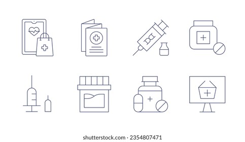 Pharmacy icons. Editable stroke. Containing online pharmacy, leaflet, stem cells, pharmacy, insulin, medication, medicine.