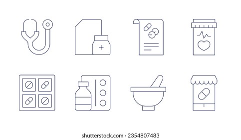 Pharmacy icons. Editable stroke. Containing stethoscope, prescription, medical prescription, pill, pills, mortar, pharmacy.