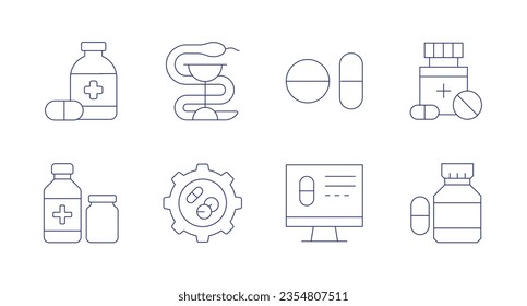 Pharmacy icons. Editable stroke. Containing medicine, pills, syrup, development, online pharmacy, pill.