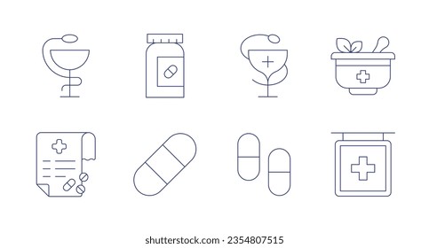 Iconos de farmacia. Trazo editable. Con higeia, píldora, mortero, facturas, parche, medicina, farmacia.