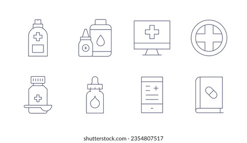 Pharmacy icons. Editable stroke. Containing hand sanitizer, liquid drop, online pharmacy, pharmacy, syrup, eye drop, book.