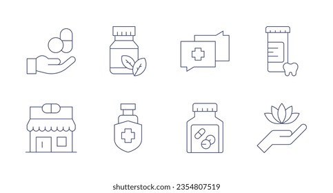Pharmacy icons. Editable stroke. Containing pills, herbal, diagnosis, pharmacy, protection, medicine, alternative medicine.
