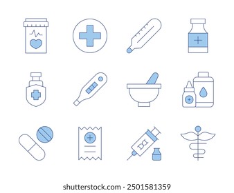 Apotheken-Symbole. Linienduotonstil, bearbeitbarer Strich. Schutz, Thermometer, Medizin, Apotheke, Schwangerschaftstest, Pille, Mörtel, Flüssigkeitstropfen, Geldschein, Stammzellen.