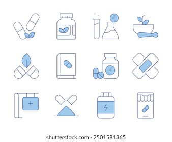 Pharmacy icons. Line Duotone style, editable stroke. plaster, pharmacy, pill, vitamin, book, mortar, medication, online pharmacy, supplement, medicines.