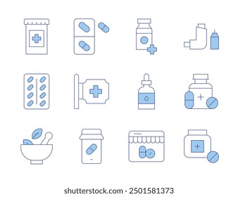 Pharmacy icons. Line Duotone style, editable stroke. mortar, inhaler, pills, pill, online pharmacy, medicine, pharmacy, eye dropper.