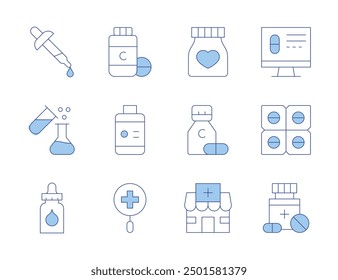 Iconos de farmacia. Línea estilo Duotone, editable stroke. mezcla, medicina, farmacia, gotas para los ojos, farmacia en línea, vitaminas, salud, vitamina c, píldoras, frasco, gotas para los ojos.