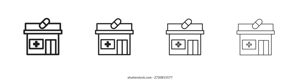 Iconos de farmacia esbozan diseño de Vector negro. Línea con trazo editable.