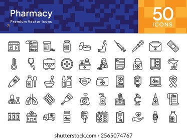 Pharmacy Icons Pack - Stroke Style 2, Medical, Healthcare, Drugstore, Medicine Symbols