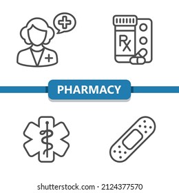 Pharmacy Icons. Pharmacist, Pills, Bandage. Professional, pixel perfect icons. EPS 10 format.