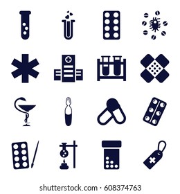 Pharmacy icons set. set of 16 pharmacy filled icons such as paints, hospital, medical cross tag, test tube, pill, medical sign, heart test tube, bandage, medicine