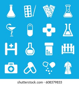 Pharmacy icons set. set of 16 pharmacy filled icons such as paints, bandage, hospital, pill, nurse gown, test tube, medicine, first aid