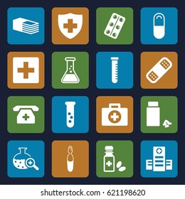 Pharmacy icons set. set of 16 pharmacy filled icons such as hospital, bandage, medical sign, medicine, medical pills, medicine bottle, pill, test tube search, test tube, plus