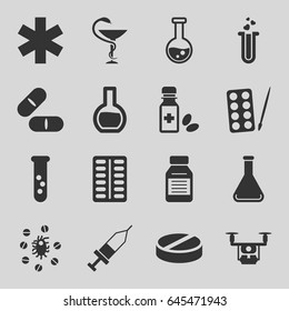 Pharmacy icons set. set of 16 pharmacy filled icons such as paints, pill, medical sign, heart test tube, medicine bottle, medicine, test tube, injection, virus and pills